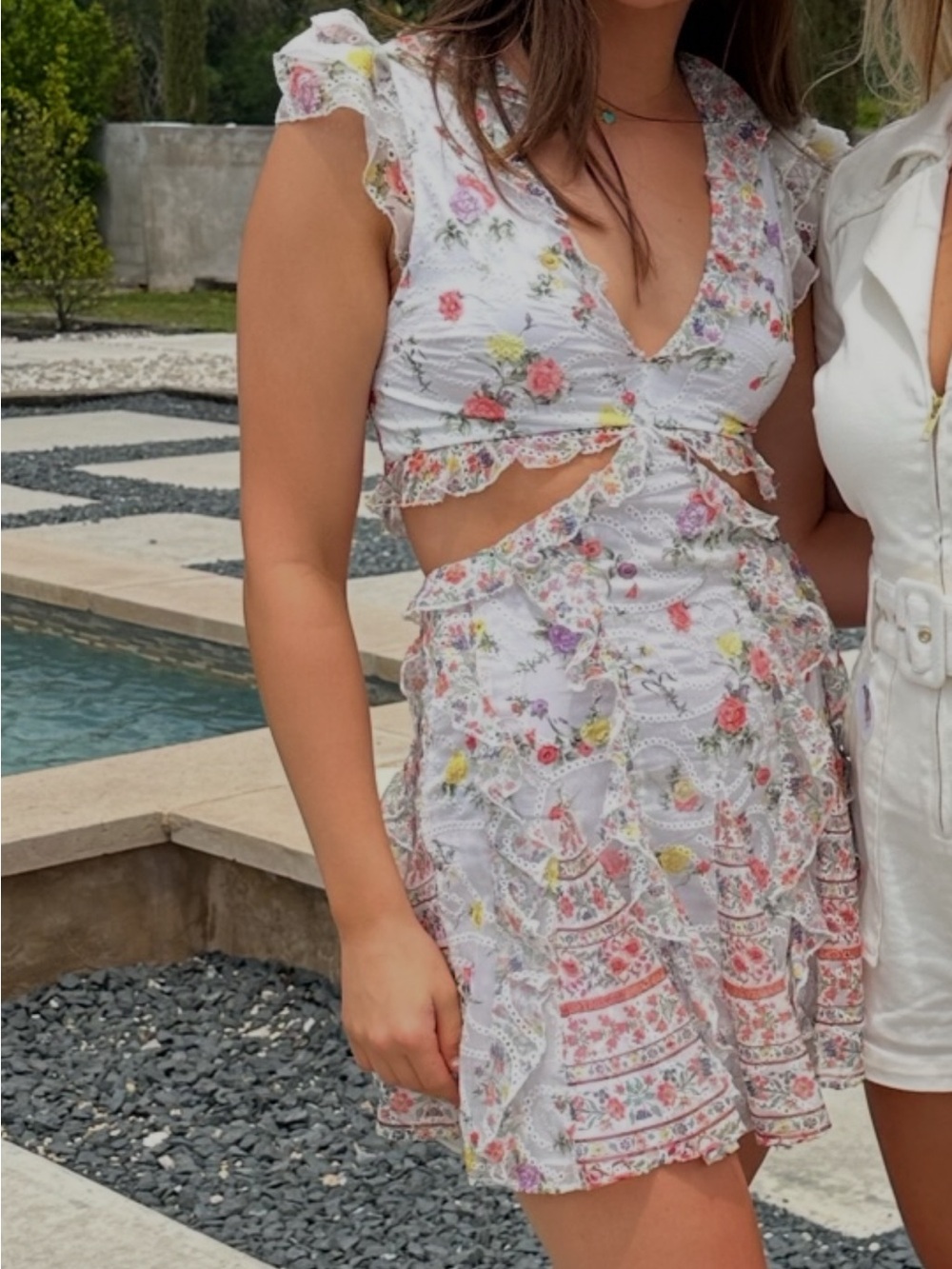 Alice + Olivia White Floral Cutout Mini Dress with Pastel Blooms